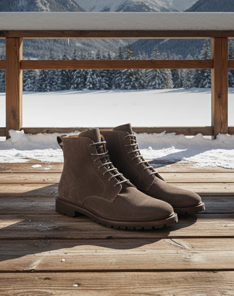 Men's brown Italian leather boots on a wooden deck with a snowy mountain landscape in the background