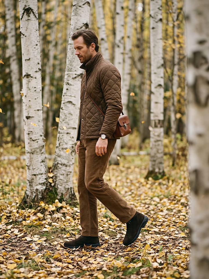 A man walking through an autumn forest with birch trees, wearing a brown quilted jacket, brown trousers, men's brown Italian suede boots and carrying a brown leather crossbody bag.