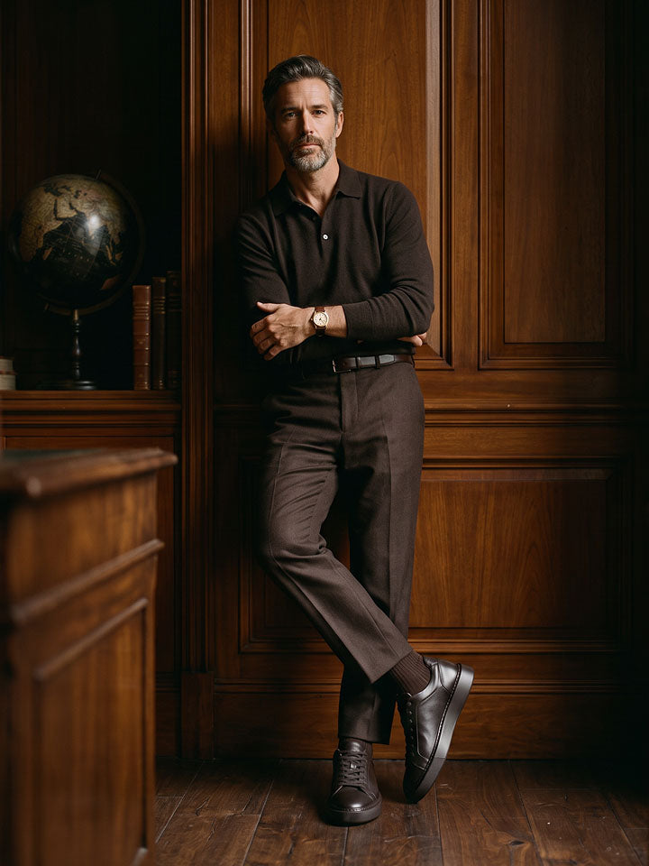 Man standing in room with wooden wall panels wearing a brown wool long sleeve polo, brown trousers and men's brown Italian leather lace-up sneakers with tonal rubber soles.
