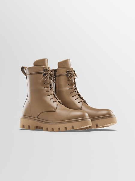 ★TOUT Y EST★ Lyon C Camo Brown 03 LN.C-CM-BW-03 Women's Warm Brown Leather Combat Boot | Cortina in Fawn | Koio