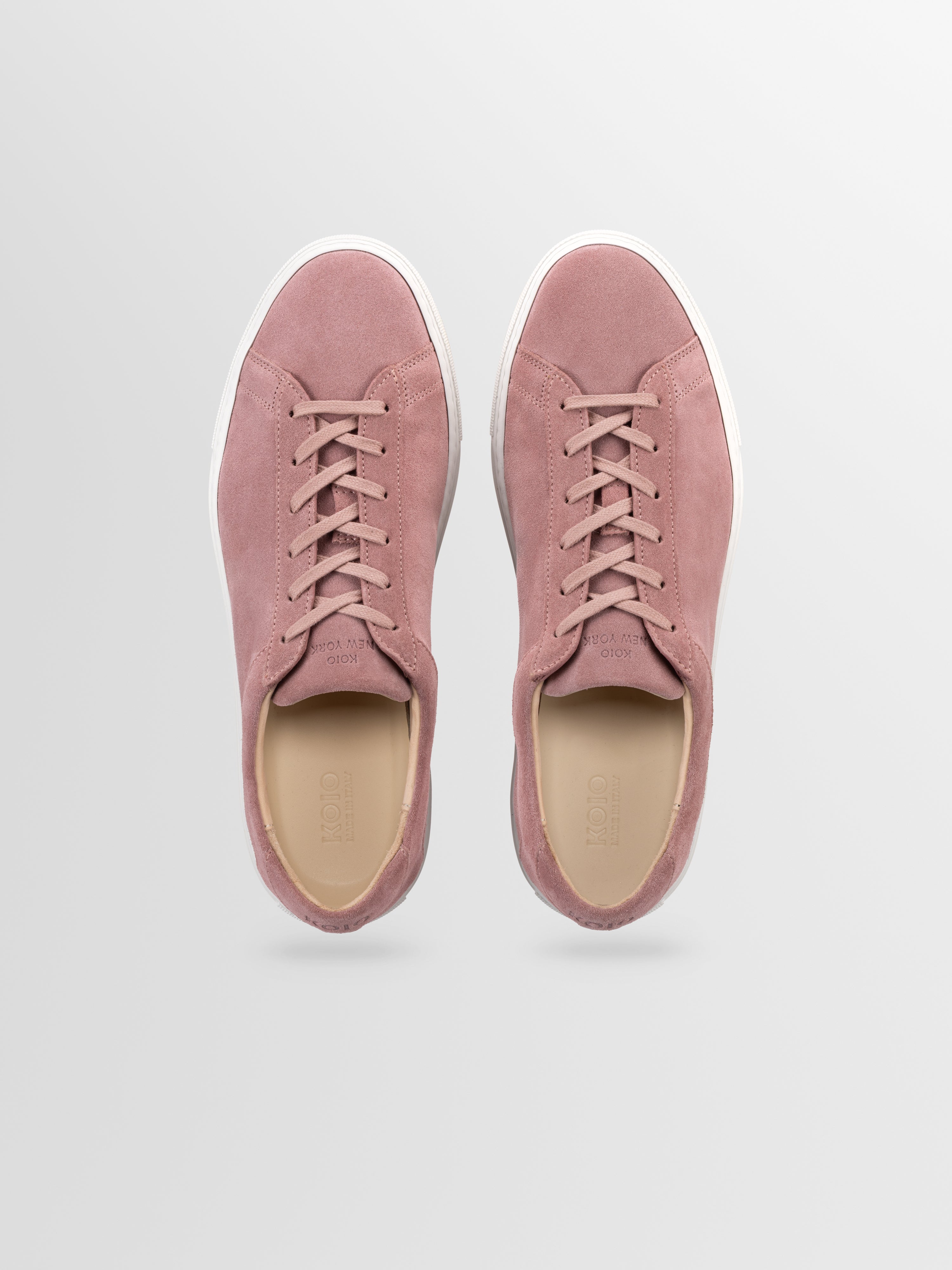 Deep blush suede sneakers with matching laces and white rubber soles