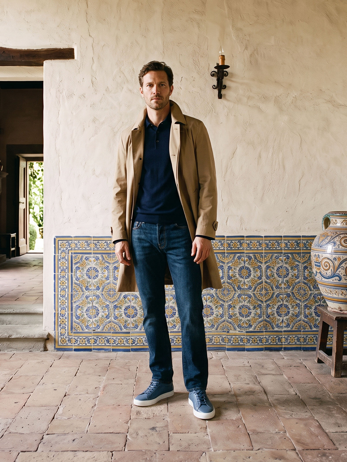 Man standing in room wearing a khaki trench coat, navy sweater and jeans with men