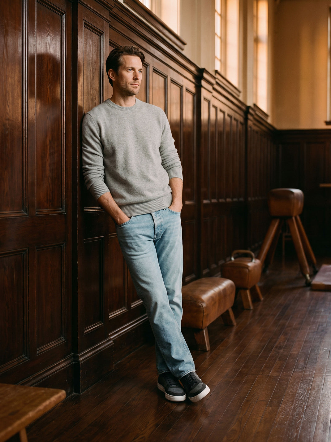 Man standing in wooden gym room wearing jeans, a gray sweater and men