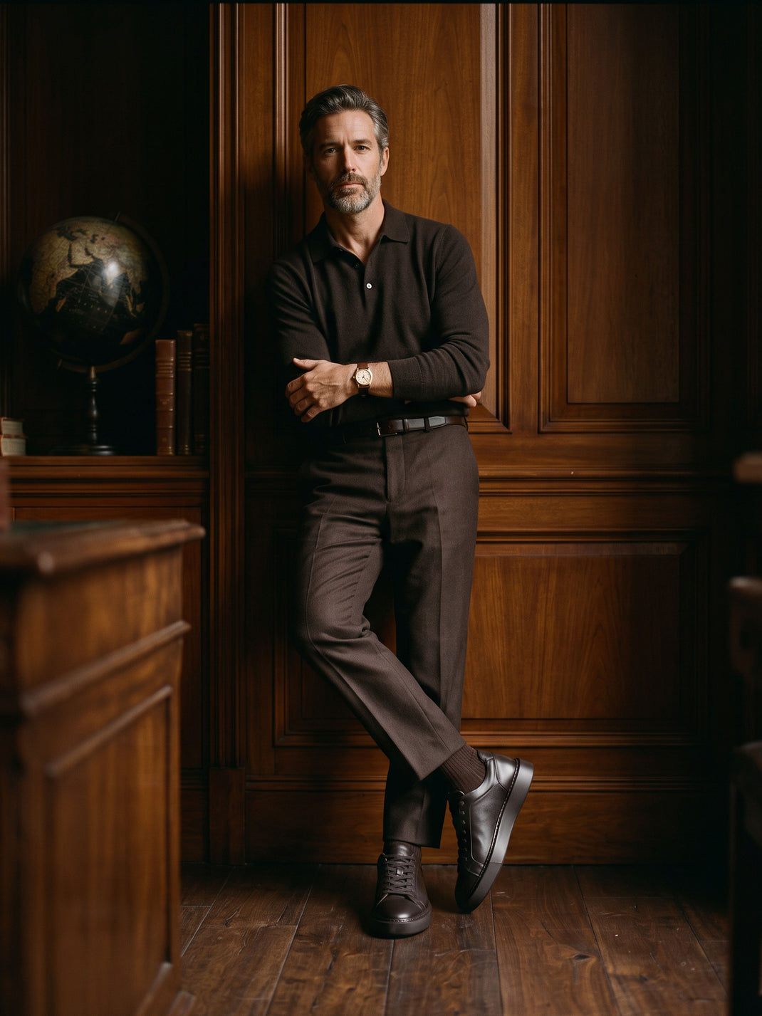 Man standing in room with wooden wall panels wearing a brown wool long sleeve polo, brown trousers and men