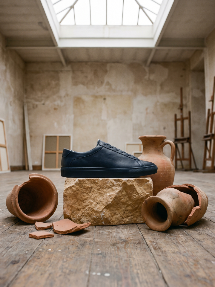 A men's deep navy blue Italian leather lace up sneaker on a stone platform in an artist studio with pottery and canvas in the background.
