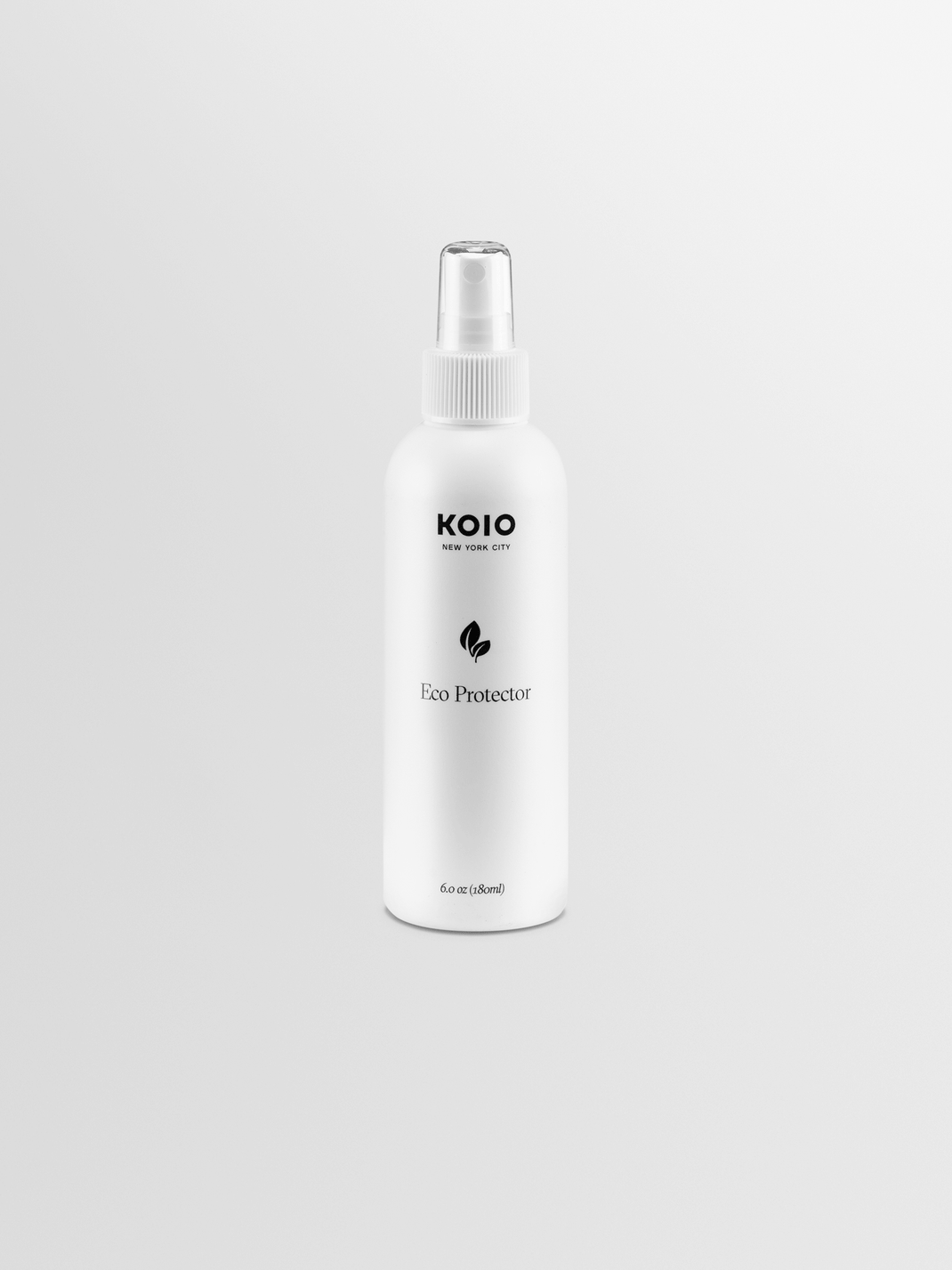 Front view of KOIO Eco Protector leather sneaker protectant bottle with spray nozzle and 6 oz 180 ml capacity on a light gray background
