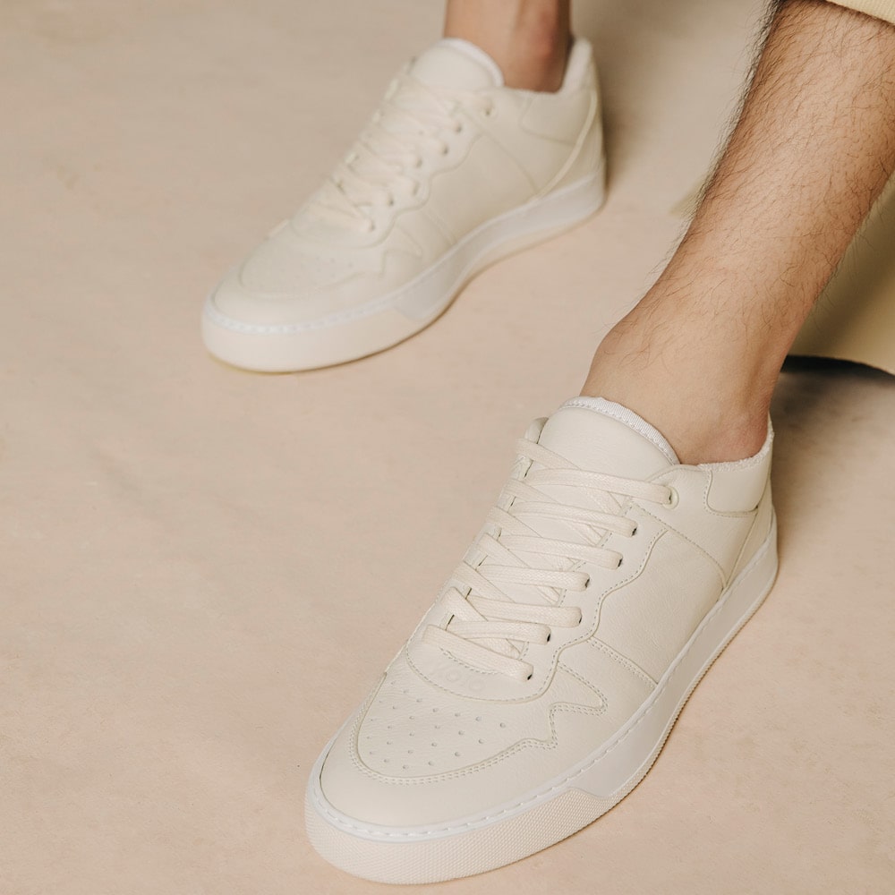 Women's Low Top Leather Sneaker in Off-White | Metro Antique White | KOIO leg down